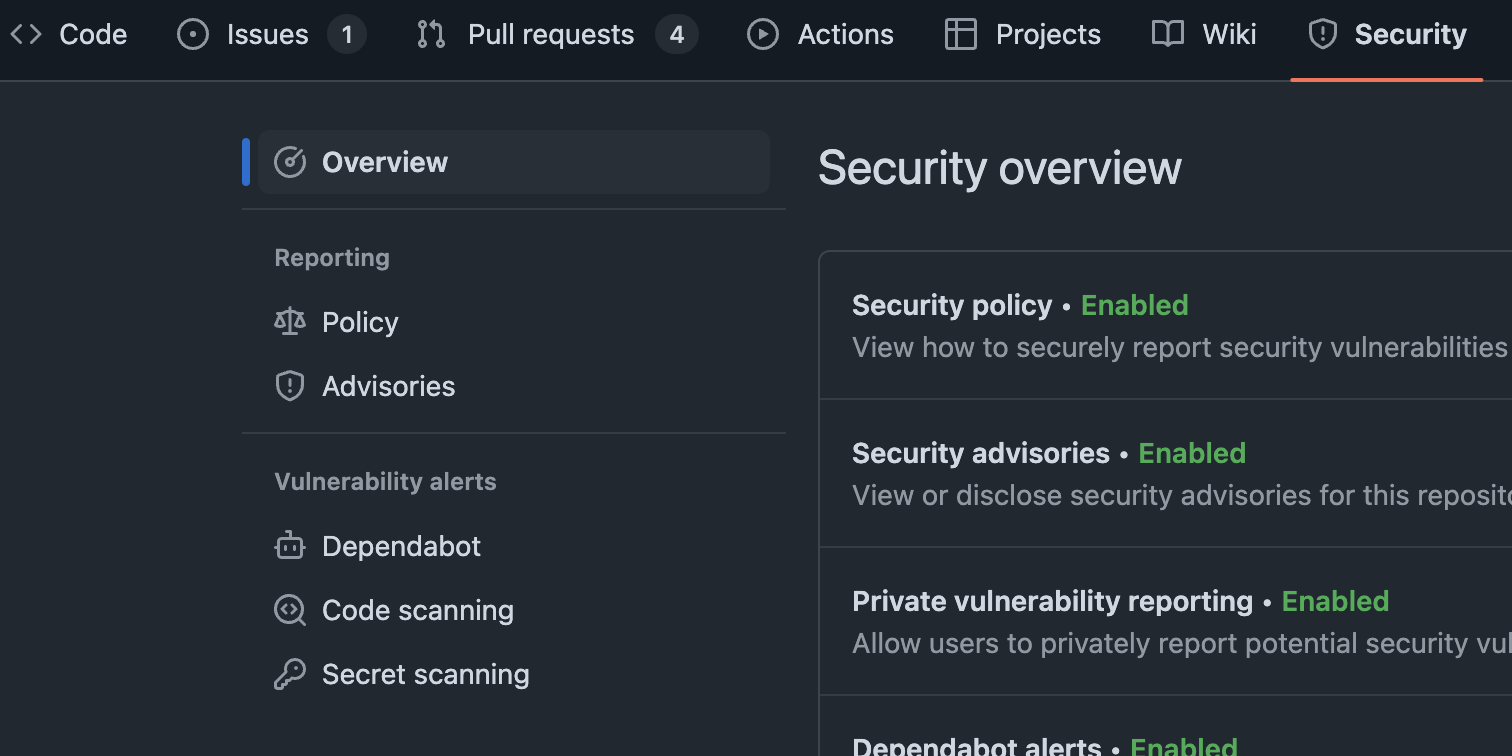 screenshot of the github advanced security tab